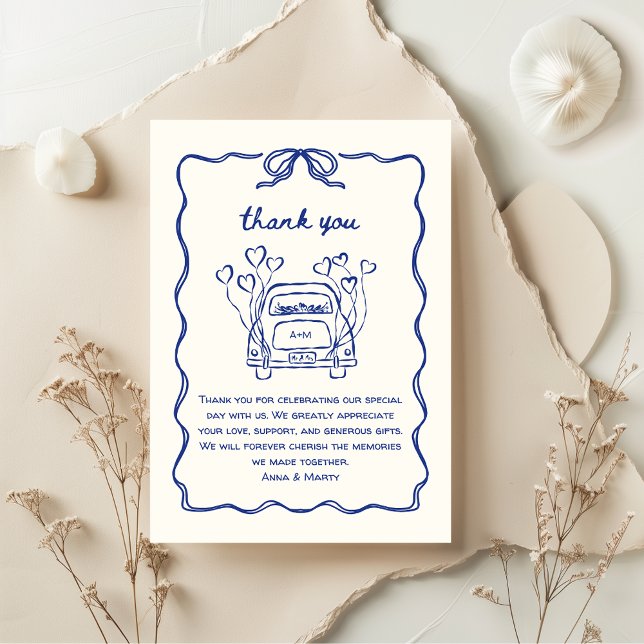 Retro Hand-drawn Blue Unique Bow Wedding Car Thank You Card (vintage retro hand drawn wedding thank you card, blue, funky, quirky)