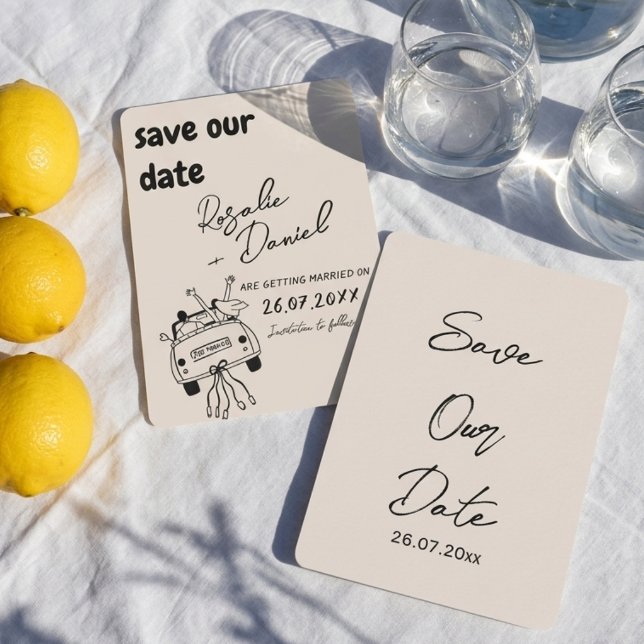 Retro Hand Drawn Bold Just Married Car Wedding Save The Date (Creator Uploaded)