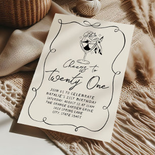Retro Hand Drawn Bow 21st Coquette Birthday Party Invitation
