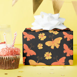 Retro Hand-Drawn Butterfly Pattern Orange and Gold Wrapping Paper