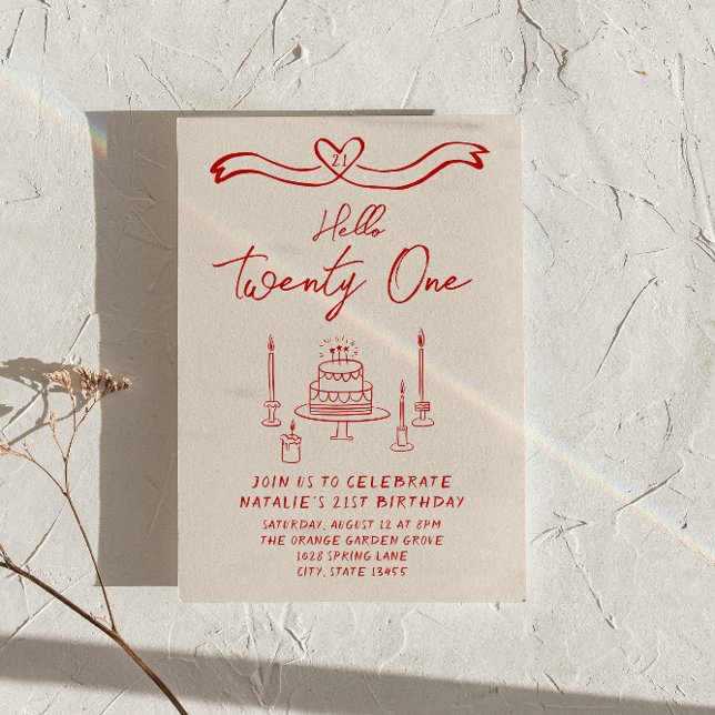 Retro Hand Drawn Cake Hello Twenty One Birthday Invitation (Creator Uploaded)