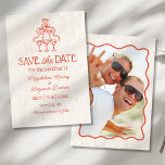 Retro Hand Drawn Champagne Tower Photo Wedding Save The Date<br><div class="desc">Whimsical hand-drawn retro-style wedding design in sunset orange with champagne flute tower with hand-lettered,  typewriter and vintage serif fonts.</div>
