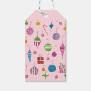 Retro Hand-Drawn Christmas Ornament Pastel PInk Gift Tags