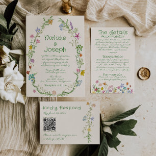 Retro Hand Drawn Colourful Floral Wreath Wedding Invitation