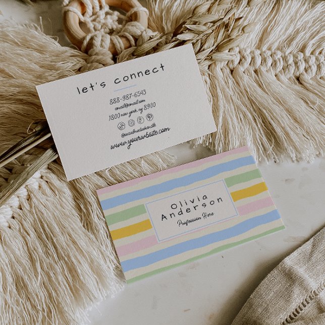 Retro Hand Drawn Colourful Stripes Pastel Boho Business Card (Creator Uploaded)