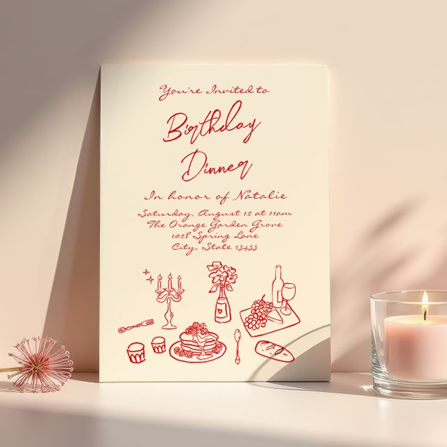 Retro Hand Drawn coquette Birthday Dinner Party Invitation (Creator Uploaded)