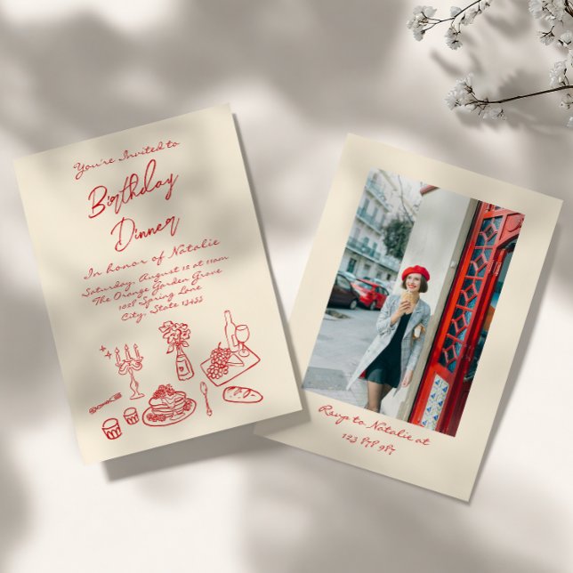 Retro Hand Drawn coquette Birthday Dinner Photo Invitation (Creator Uploaded)