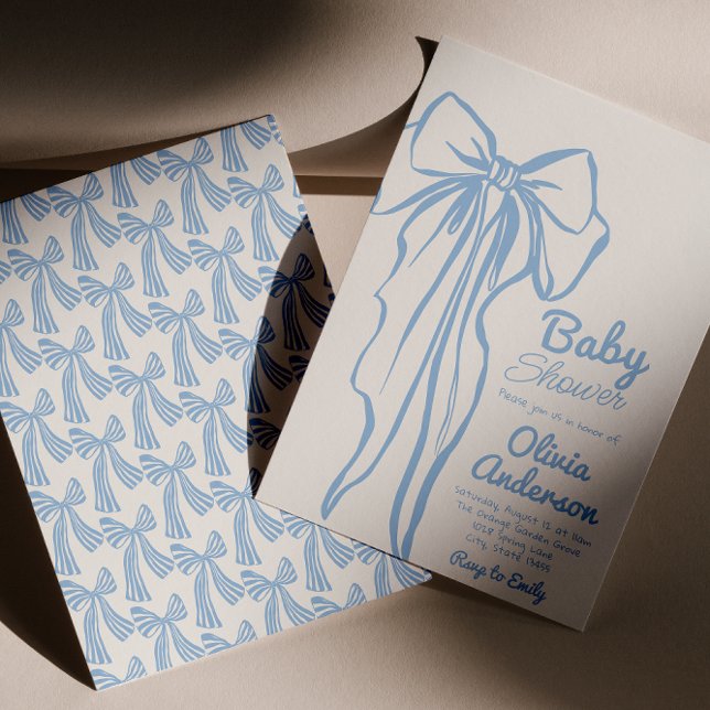  Retro Hand Drawn Dusty Blue Bow Boy Baby Shower Invitation (Creator Uploaded)