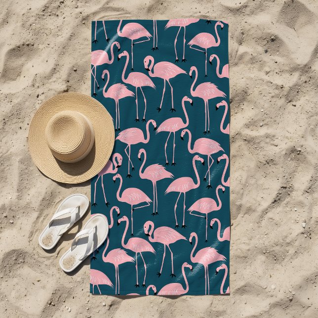 Retro Hand-Drawn Flamingo Pattern | Teal Pink Beach Towel (Creator Uploaded)