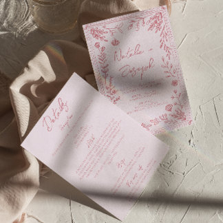 Retro Hand Drawn Floral Garden All In One Wedding Invitation