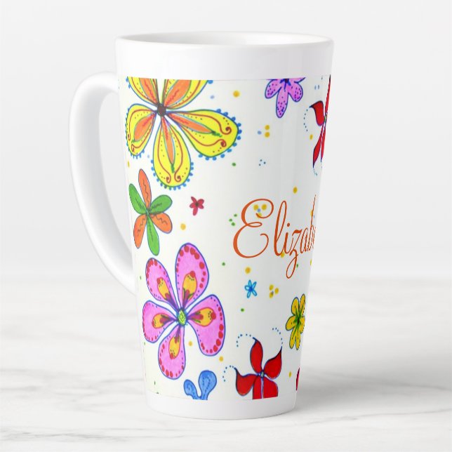 Retro Hand-drawn Floral Personalised Latte Mug (Left Angle)