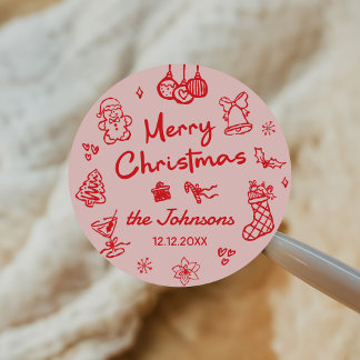 Retro Hand Drawn Friendsmas Christmas Party Classic Round Sticker