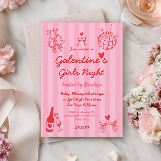 Retro Hand Drawn Galentine's Girls Night Party Invitation (Creator Uploaded)