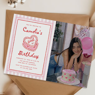Retro Hand Drawn Girl 30th Birthday Party Photo Invitation