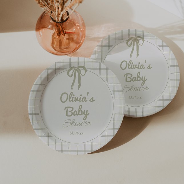 Retro Hand Drawn Green Bow Gingham Baby Shower  Paper Plate (Creator Uploaded)