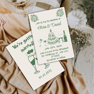 Retro Hand Drawn Green Cake Modern Wedding Invitation
