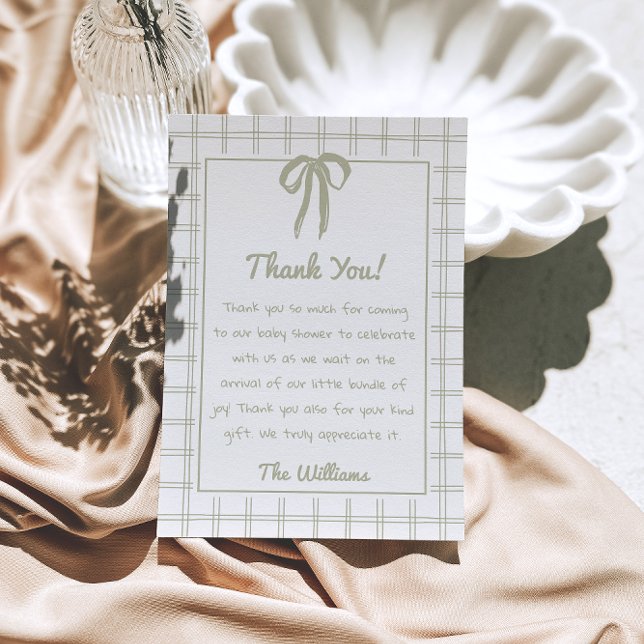 Retro Hand Drawn Green Gingham Bow Baby Shower Thank You Card (Creator Uploaded)