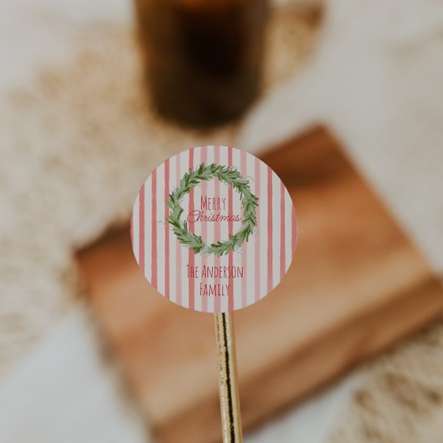 Retro Hand Drawn Green Red Christmas Wreath  Classic Round Sticker (Creator Uploaded)