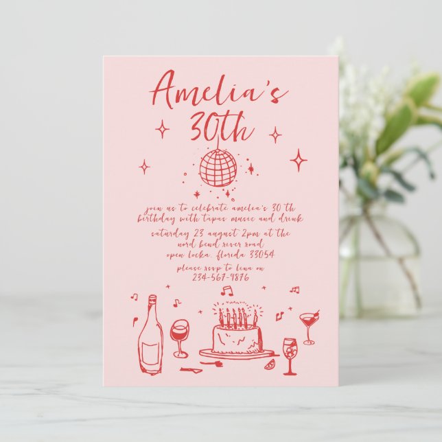 Retro Hand Drawn handwritten funky 30 birthday Invitation (Standing Front)