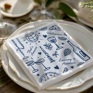 Retro Hand-Drawn Illustrated Wedding Napkin