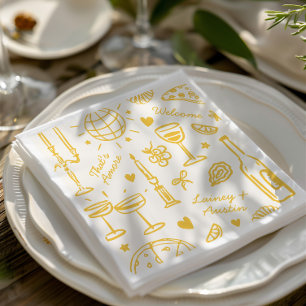 Retro Hand-Drawn Illustrated Wedding  Napkin