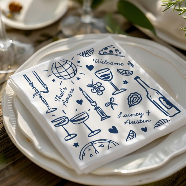 Retro Hand-Drawn Illustrated Wedding  Napkin (Retro Hand-Drawn Illustrated Wedding Napkins)