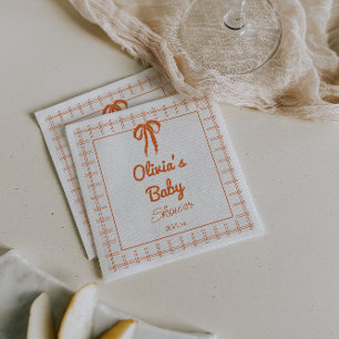 Retro Hand Drawn Orang Bow Gingham Baby Shower Napkin