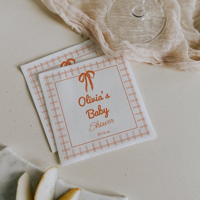 Retro Hand Drawn Orang Bow Gingham Baby Shower Napkin (Creator Uploaded)