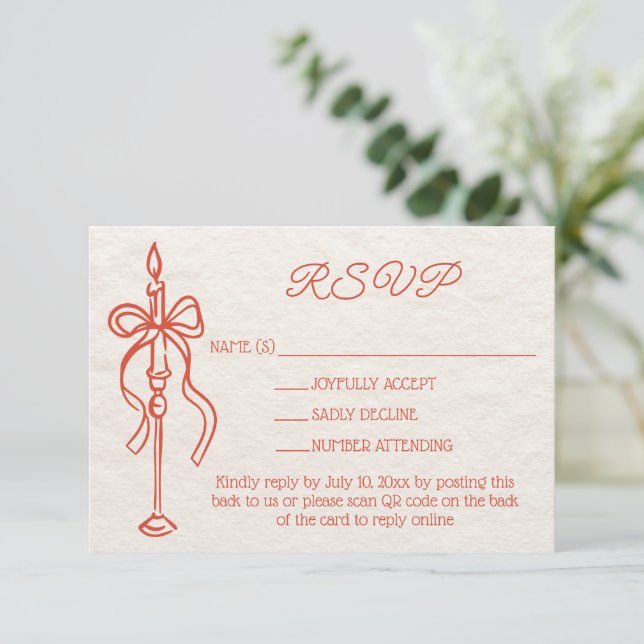 Retro Hand Drawn Orange Wedding Website QR Code RSVP Card (Standing Front)