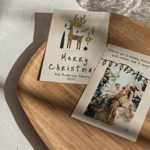 Retro Hand Drawn Painted Reindeer Merry Christmas Holiday Card