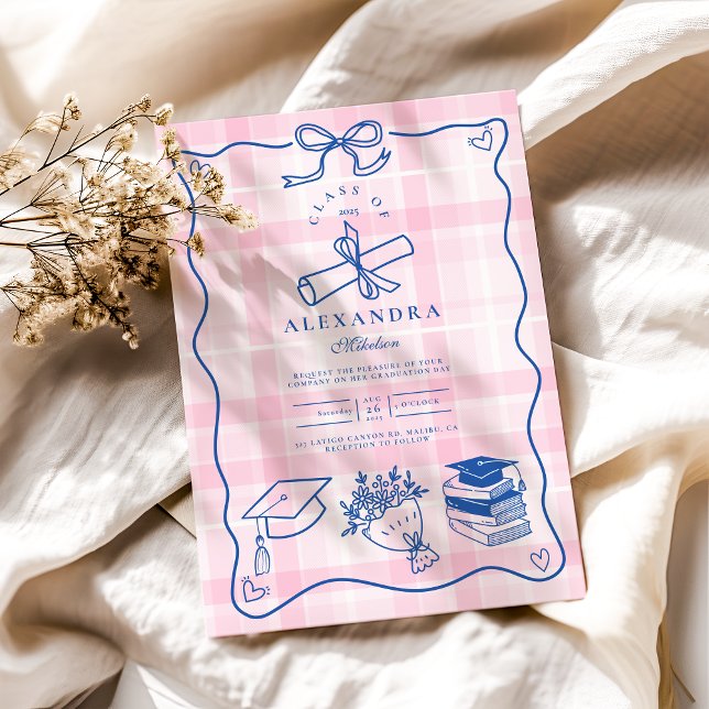 Retro Hand Drawn Pink and Blue Graduation Invitation (Creator Uploaded)
