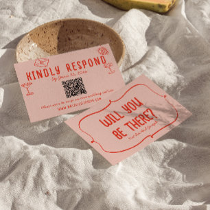 Retro Hand Drawn Pink Red Unique QR Code Wedding  RSVP Card