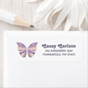 Retro Hand-Drawn Purple Butterfly Return Address Label
