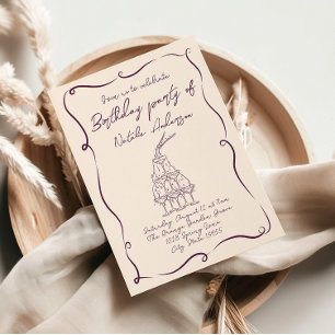 Retro Hand Drawn Purple Wavy 70s Birthday Party Invitation