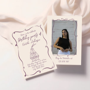 Retro Hand Drawn Purple Wavy Photo Birthday Party Invitation