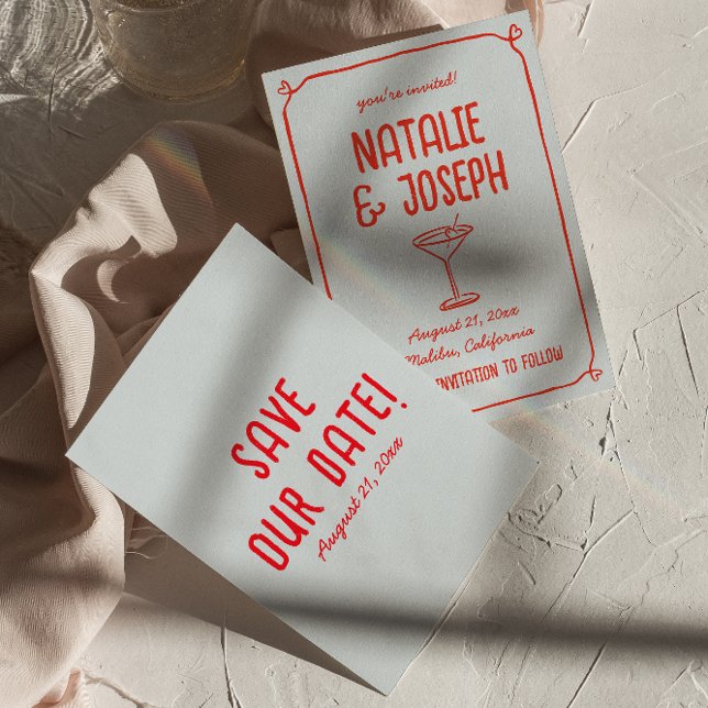 Retro Hand Drawn Red Blue Cocktail Funky Wedding Save The Date (Creator Uploaded)