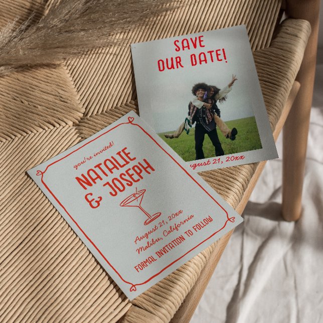 Retro Hand Drawn Red Blue Cocktail Photo Wedding Save The Date (Creator Uploaded)