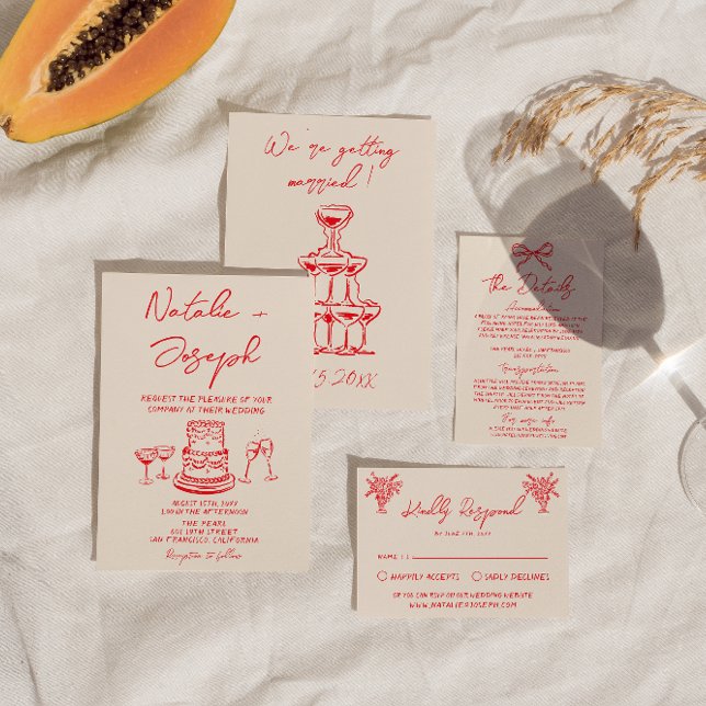 Retro Hand Drawn Red Cake Quirky Unique Wedding Invitation (Creator Uploaded)