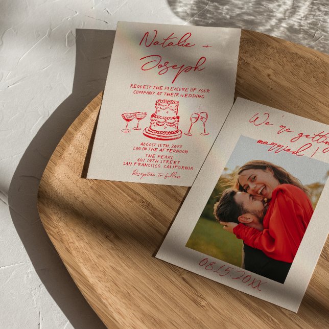 Retro Hand Drawn Red Cake Unique Photo Wedding Invitation (Creator Uploaded)