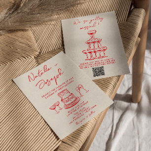 Retro Hand Drawn Red Cake Unique QR Code Wedding Invitation