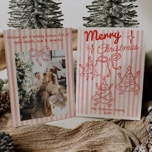 Retro Hand Drawn Red Funny Christmas Trees Bow Holiday Card