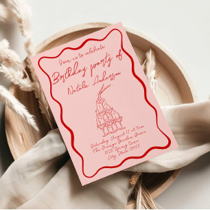 Retro Hand Drawn Red Pink Wavy 70s Birthday Party Invitation