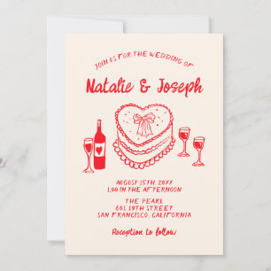 Retro Hand Drawn Red Quirky Cake Modern Wedding I Invitation