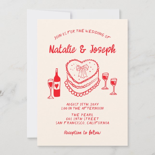 Retro Hand Drawn Red Quirky Cake Modern Wedding  Invitation (Front)