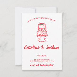 Retro Hand Drawn Red Quirky Cake Modern Wedding Thank You Card