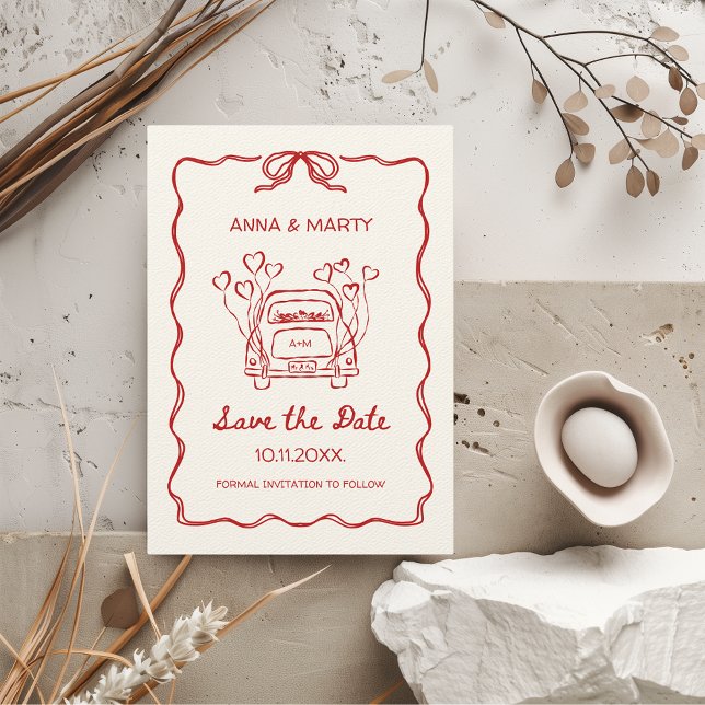 Retro Hand-drawn Red Unique Bow Wedding Car Save The Date (Hand-drawn Quirky Funky Vintage Retro Whimsical Red Scribble Doodle Wedding Save the Date)