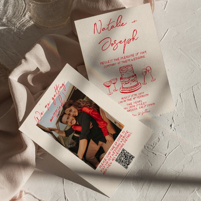 Retro Hand Drawn Red Unique QR Code Photo  Wedding Invitation (Creator Uploaded)