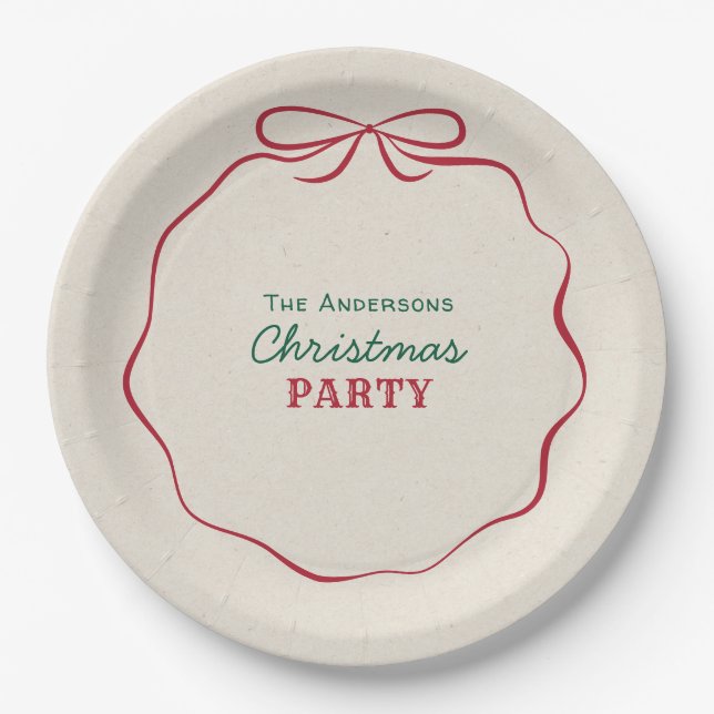 Retro Hand Drawn Ribbon Bow Christmas Party Paper Plate (Front)