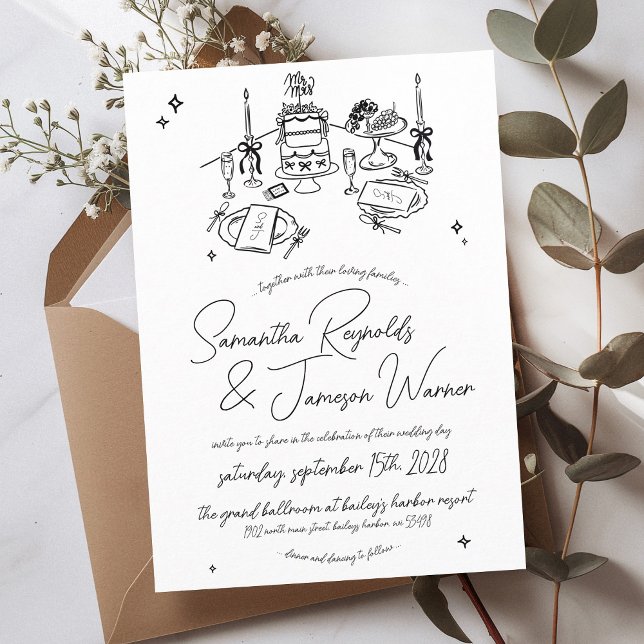 Retro Hand Drawn Scribble Black & White Wedding Invitation (Fun retro hand drawn wedding table with cake candles and bows illustration handwritten wedding set)