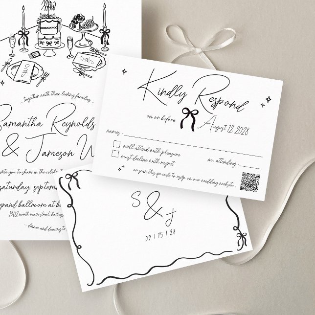 Retro Hand Drawn Scribble Black & White Wedding RSVP Card (Minimalist retro black and white hand drawn bow scribble doodle qr code wedding invitation rsvp card)